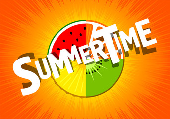 Summertime summer time trend lettering vector illustration with piece fresh fruit red watermelon orange yellow pineapple green kiwi bright background