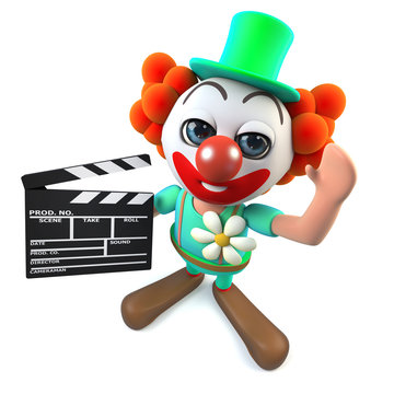3d Funny cartoon crazy clown character holding a movie makers clapperboard