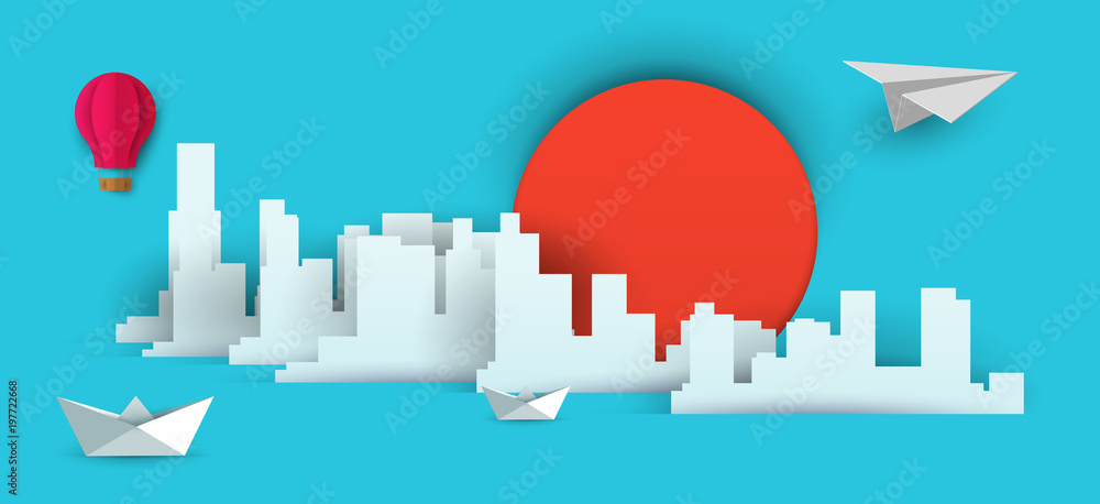 Wall mural 3d vector paper cut skyscrapers with airplane, balloon and boat. Cartoon art illustration in minimalistic craft carving style. Modern layout colorful concept for background cover, poster, card.