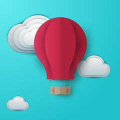 3d vector paper cut flying red balloon with clouds. Cartoon art illustration in minimalistic craft carving style. Modern layout colorful concept for background cover, poster, card.