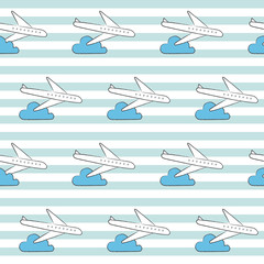 Airplane pattern with stripe background. Playful, cute, and flexible doodle pattern for brand who has fun style. The art vector graphic can be repeated. Doodle art suits for kids and traveling theme.