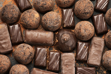 Assorted chocolate candies close-up