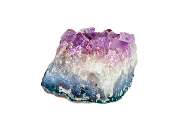 Macro shooting of natural gemstone. Mineral amethyst. Isolated object on a white background.