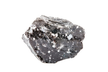 Macro shooting of natural gemstone. The raw mineral is obsidian, Indonesia. Isolated object on a white background.