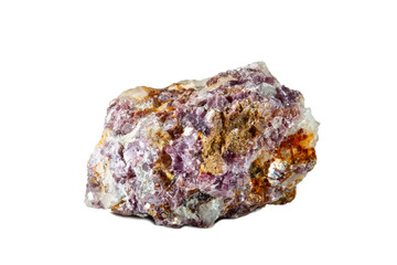 Macro shooting of natural gemstone. Raw mineral lepidolite, Madagascar. Isolated object on a white background.