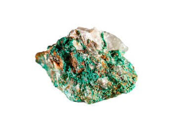 Macro shooting of natural gemstone. Raw mineral malachite. Morocco. Isolated object on a white background.