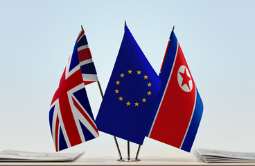 Fototapeta na wymiar Flags of Great Britain European Union and North Korea