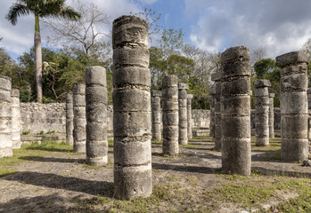Group of the Thousand Columns at Chichen Itza feels like a forest of columns. They surround the Temple of of Warriors and they reveal carvings of gods, dignataries and celebrated Warriors. 