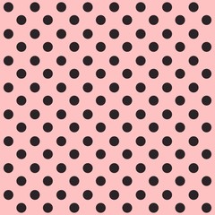 Seamless polka dot pattern. Black dots on pink background. Vector illustration.