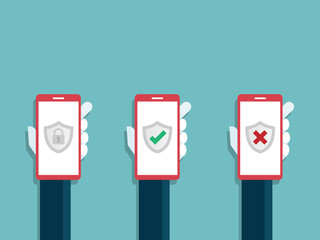 illustration of human hands holding mobile smartphone with shield lock protection