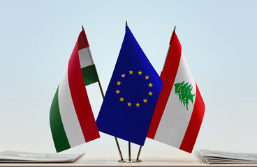 Flags of Hungary European Union and Lebanon