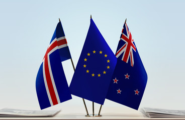 Flags of Iceland European Union and New Zealand