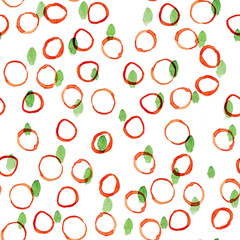 Obraz premium Orange circles and green brush strokes on a white background. Watercolor seamless pattern