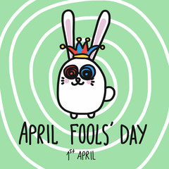 April fools' day word and crown rabbit cartoon vector illustration