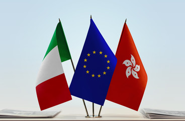 Flags of Italy European Union and Hong Kong