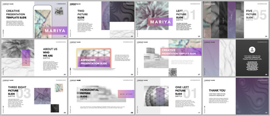 Minimal presentations, portfolio templates. Purple elements on white background. Brochure cover vector design. Presentation slides for flyer, leaflet, brochure, report, marketing, advertising, banner
