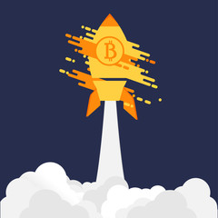 Bitcoin launching rocket on purple backgound.