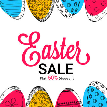 Easter Sale concept with painted eggs on white background.