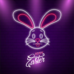 Happy Easter Concept with Rabbit, Neon Light Effect.