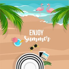Enjoy summer. Tropical background. Sand beach, sea, flamingo, palm, hat glasses, cocktail. Flat vector illustration.