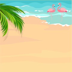 Fototapeta na wymiar Tropical summer background. Sand beach, sea, palm, flamingo. Flat vector illustration.