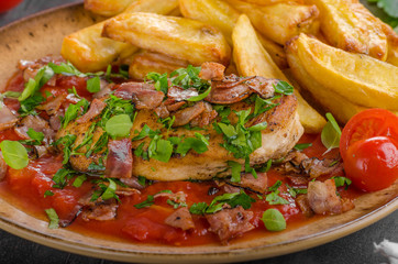 Chicken steak with herbs, homemade french fries