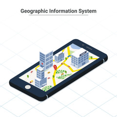 Online geographical navigation concept with unban city and map on smart phone device.