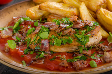 Chicken steak with herbs, homemade french fries