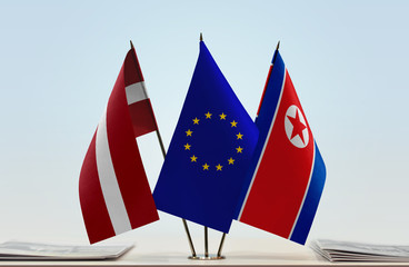 Flags of Latvia European Union and North Korea