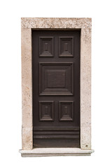 Old carved brown wooden door isolated on white background, surface. House or building exterior detail and decoration. Old and retro wooden door. Clipping path.