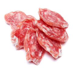 Dried sliced organic salami sausage on white background