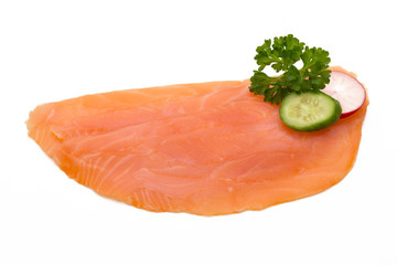 Fresh salmon slice and spice on the white background.