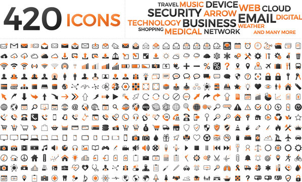 Black and orange web business technology icons set