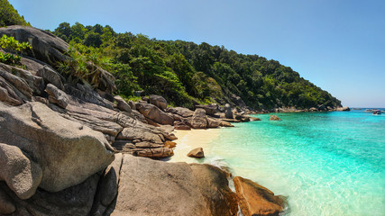 Panorama of unspoiled empty beach of Similan islands with idyllic huge rocks,  sun, jungle forest and turquoise green blue sea taken on sunny day. Phang Nga, Thailand