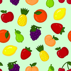 Seamless pattern with cartoon fruits on light green background. Eco design with fruit icons for supermarket brochure, wrapping paper, fabric. Vector