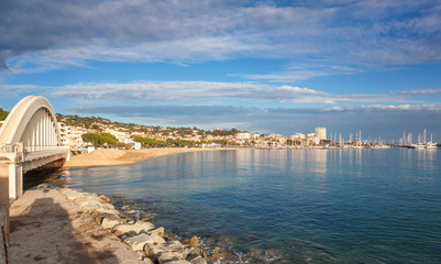 City and sea landscape, the city of Saint-Maxime on the Cote d'Azur, Var, France, a popular...