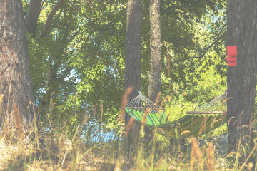 Relaxing lazy time with color hammock in the green forest.