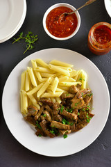 Beef stroganoff with mushrooms and pasta
