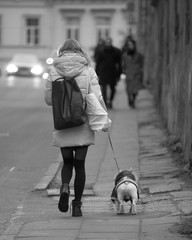 Girl's walking with the dog. Vilnius Lithuania 02.12.2017.
