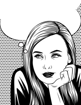 Vector black and white illustration of  woman thinking and looking up over dot pattern background. Comic art style illustration of pretty girl's face