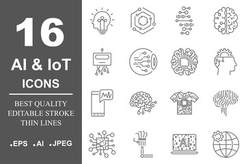 AI icon set. Data science technology, machine learning process. Data insight, transformation, scalable, modeling API. Editable Stroke