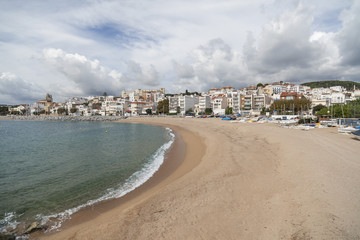 Fototapeta na wymiar Beach and mediterranean sea in catalan village of Sant Pol de Mar, province Barcelona, comarca Maresme, Catalonia,Spain.