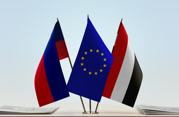 Flags of Liechtenstein European Union and Yemen