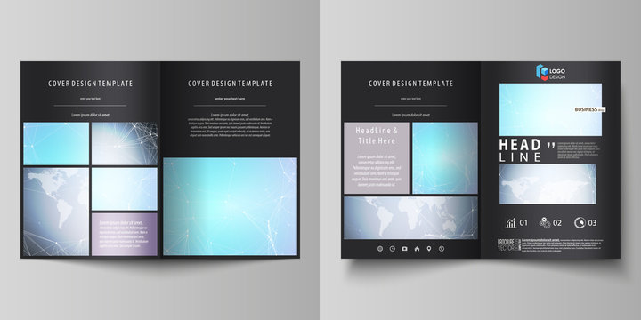 The black colored vector of editable layout of two A4 format modern covers design templates for brochure, flyer, booklet. Polygonal texture. Global connections, futuristic geometric concept
