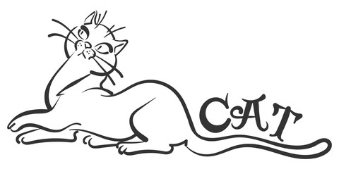 Cute cat drawing. Cartoon black icon on white backdrop. Doodle cartoon style. Animal print. Cat design, vector