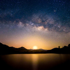 Obraz na płótnie Canvas Beautiful landscape mountains and lake in the night with Milky Way background, Chiang mai , Thailand