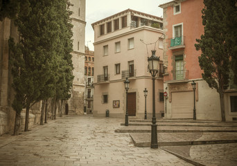 Historic center city view, vintage look, Vilafranca del Penedes, province Barcelona, Catalonia.Spain.