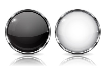 White and black buttons with chrome frame. Round glass shiny 3d icons