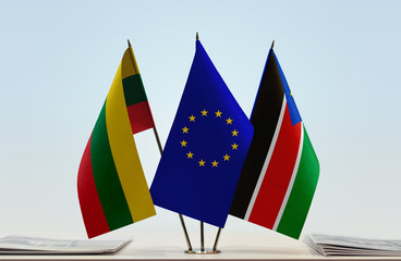 Flags of Lithuania European Union and South Sudan