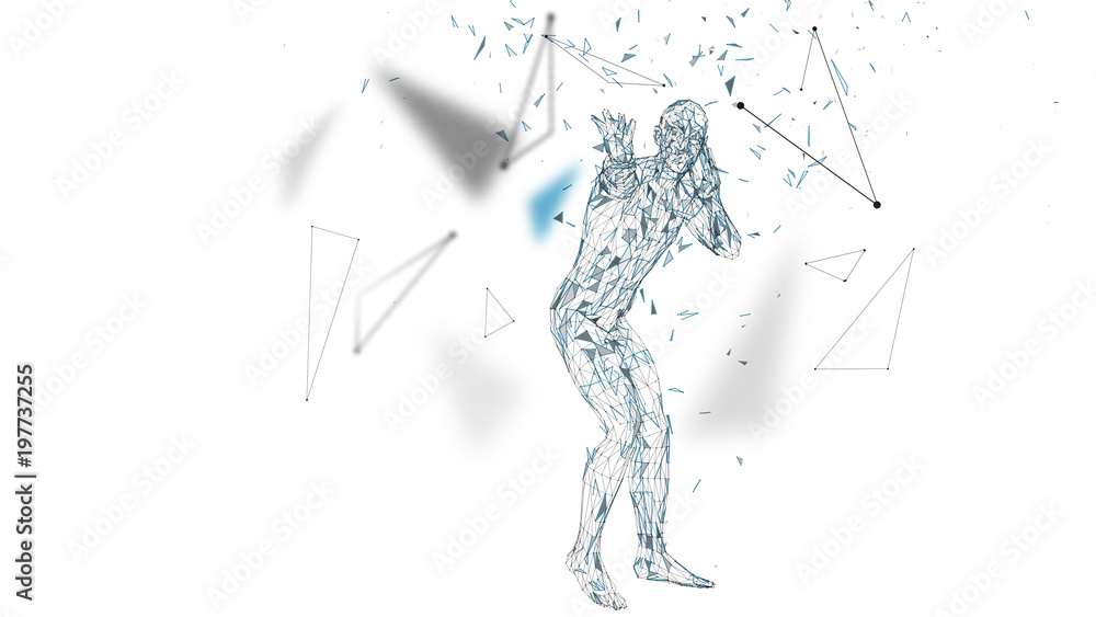 Poster conceptual abstract man is afraid of fear. connected lines, dots, triangles, particles. artificial i